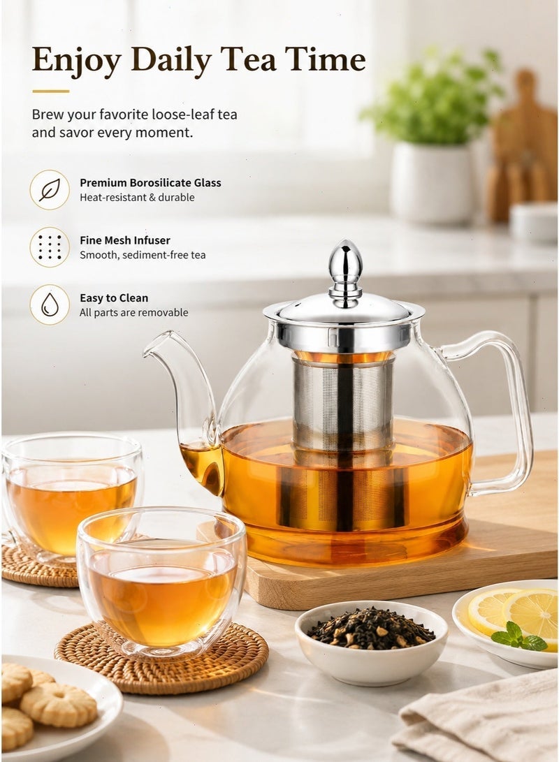 1000ml Borosilicate Glass Teapot with Removable Infuser, Stovetop Safe Heat Resistant Tea Pot for Loose Leaf, Blooming & Herbal Tea, Ideal for Home Daily Brewing - Image 5