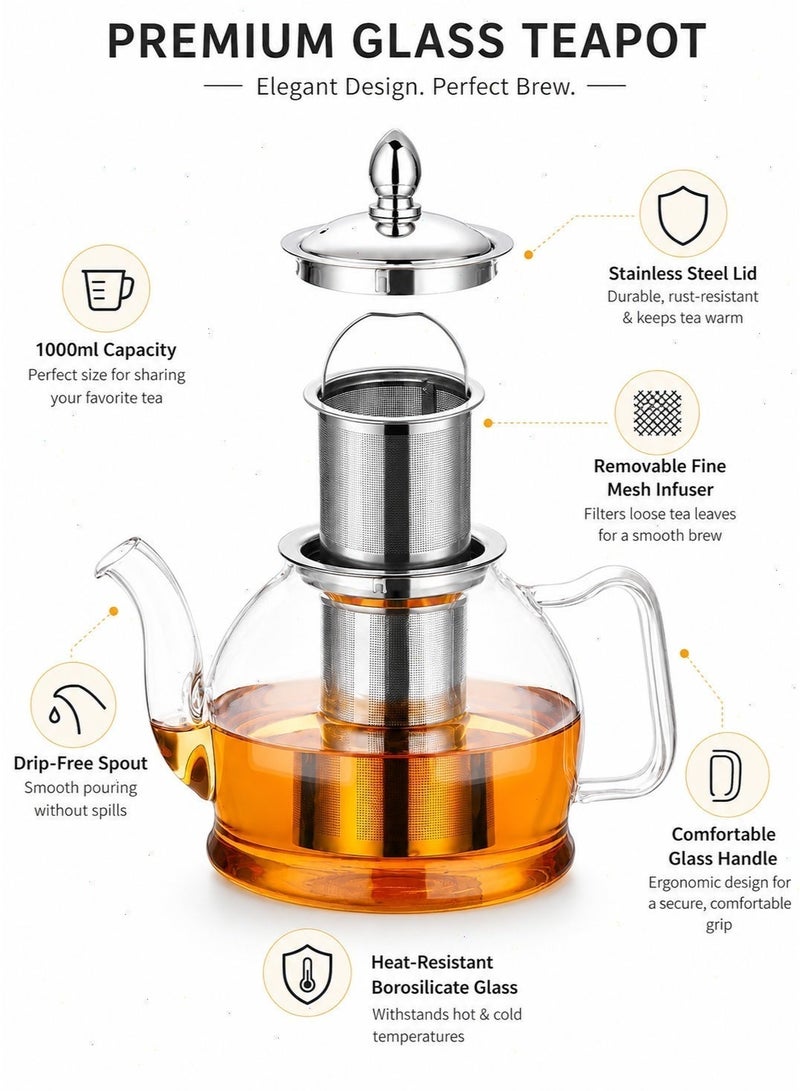 1000ml Borosilicate Glass Teapot with Removable Infuser, Stovetop Safe Heat Resistant Tea Pot for Loose Leaf, Blooming & Herbal Tea, Ideal for Home Daily Brewing - Image 4