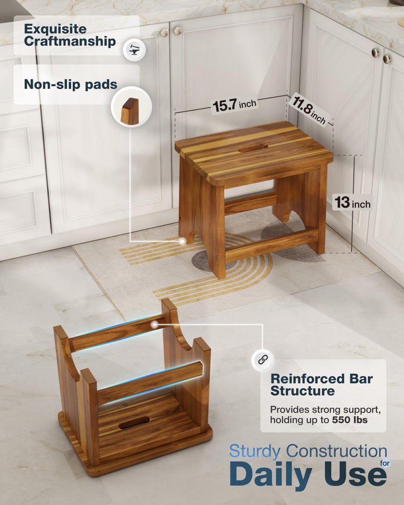 FANATU Wooden Step Stool, 13'' Heavy Duty Stepping Stool for Adults with Handle, Nonslip & Durable Design Supports up to 500lbs for Bedroom or Kitchen - Image 3