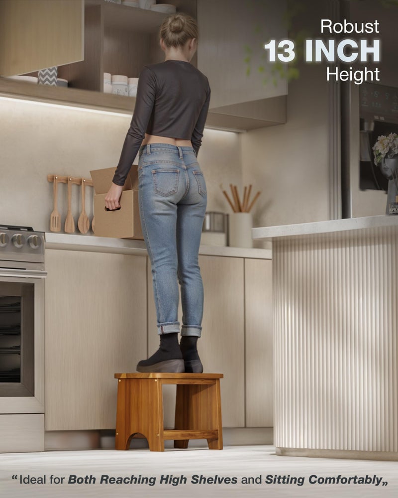 FANATU Wooden Step Stool, 13'' Heavy Duty Stepping Stool for Adults with Handle, Nonslip & Durable Design Supports up to 500lbs for Bedroom or Kitchen - Image 4