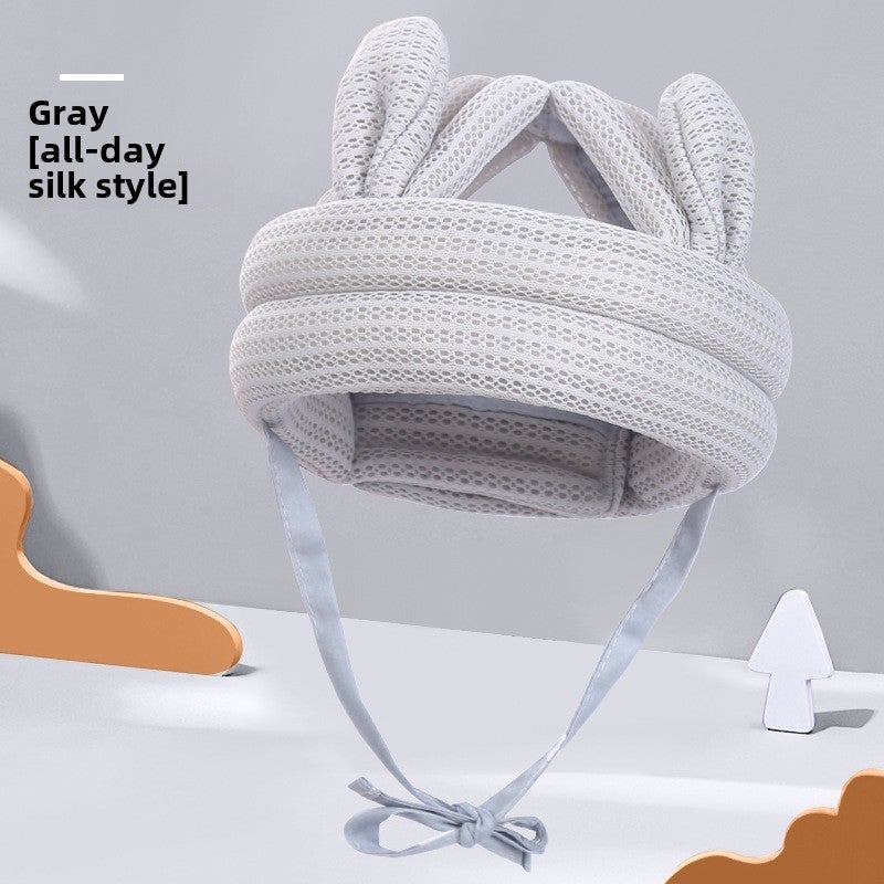 Baby Toddler Learning Safety Helmet Grey anti-fall cap (rabbit ear pure tencel breathable 