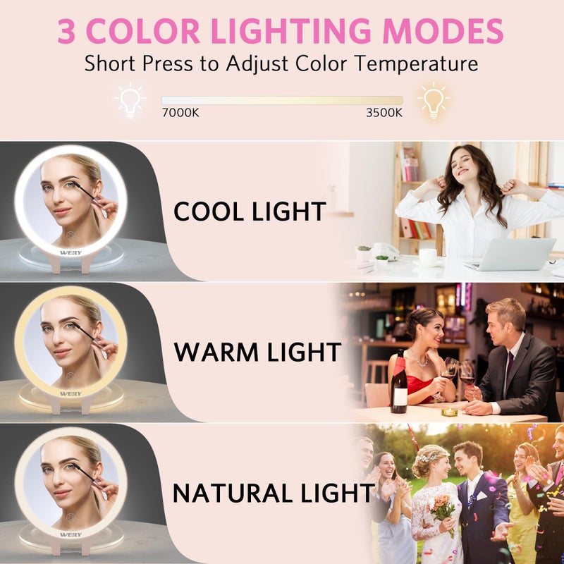 ويلي مرآة مكبرة من Weily مع تكبير خفيف 10X/1X مرآة مكياج للسفر على الوجهين مع 3 أضواء ملونة للتحكم باللمس، مرآة محمولة قابلة لإعادة الشحن لغرفة النوم والحمام (وردي) - Image 2