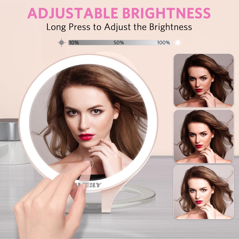 ويلي مرآة مكبرة من Weily مع تكبير خفيف 10X/1X مرآة مكياج للسفر على الوجهين مع 3 أضواء ملونة للتحكم باللمس، مرآة محمولة قابلة لإعادة الشحن لغرفة النوم والحمام (وردي) - Image 3