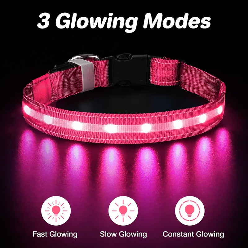 طوق كلب مضيء، طوق كلب LED قابل لإعادة الشحن عبر USB مقاوم للماء وقابل للتعديل مع 3 أوضاع إضاءة، أطواق حيوانات أليفة LED فائقة السطوع للكلاب الصغيرة والمتوسطة والكبيرة للمشي ليلاً (وردي، كبير) - Image 4