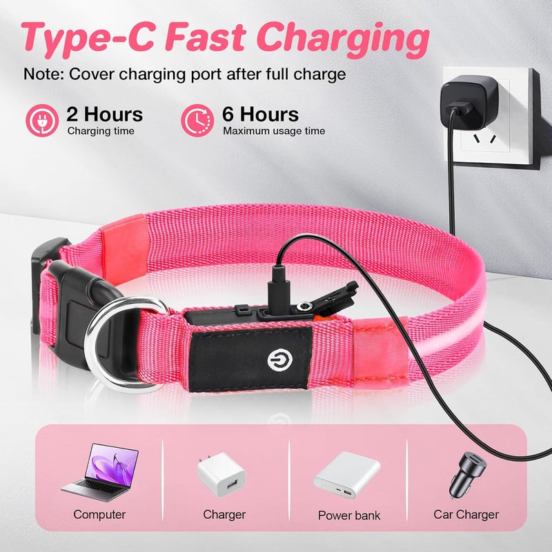 طوق كلب مضيء، طوق كلب LED قابل لإعادة الشحن عبر USB مقاوم للماء وقابل للتعديل مع 3 أوضاع إضاءة، أطواق حيوانات أليفة LED فائقة السطوع للكلاب الصغيرة والمتوسطة والكبيرة للمشي ليلاً (وردي، كبير) - Image 5