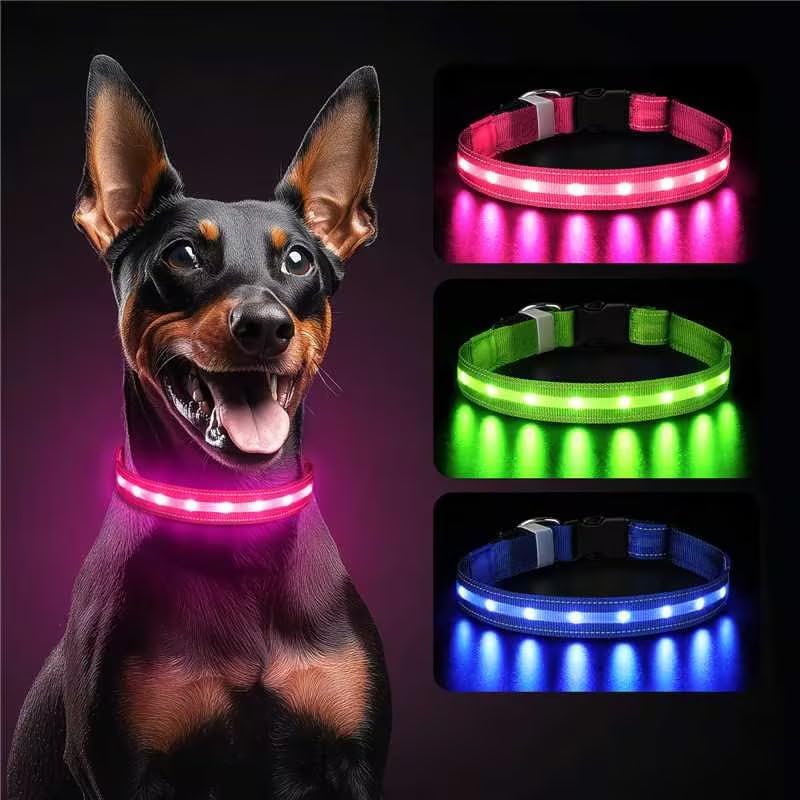 طوق كلب مضيء، طوق كلب LED قابل لإعادة الشحن عبر USB مقاوم للماء وقابل للتعديل مع 3 أوضاع إضاءة، أطواق حيوانات أليفة LED فائقة السطوع للكلاب الصغيرة والمتوسطة والكبيرة للمشي ليلاً (وردي، كبير) - Image 1