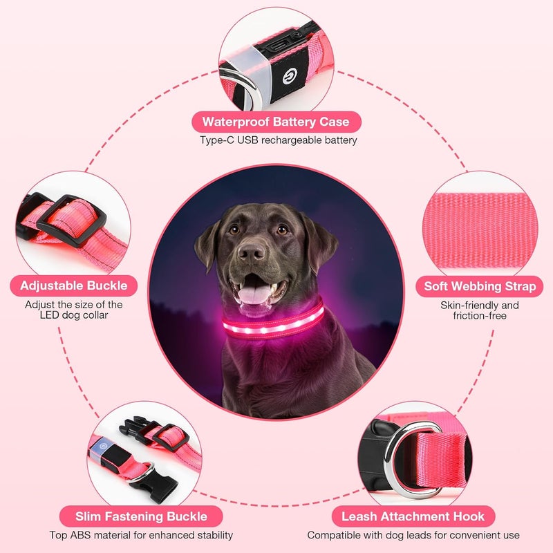 طوق كلب مضيء، طوق كلب LED قابل لإعادة الشحن عبر USB مقاوم للماء وقابل للتعديل مع 3 أوضاع إضاءة، أطواق حيوانات أليفة LED فائقة السطوع للكلاب الصغيرة والمتوسطة والكبيرة للمشي ليلاً (وردي، كبير) - Image 3