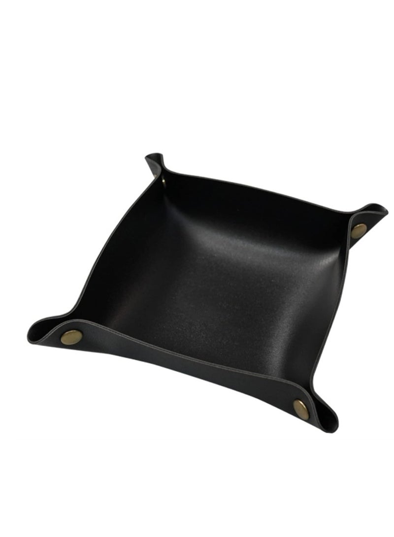 OASIS-TH Valet Tray, Leather Tray, Catchall Tray, Foldable Jewelry Travel Organizer, Suitable for Travel, Storage, Nightstand, Home Or Office Size 25x25Cm Black - Image 1