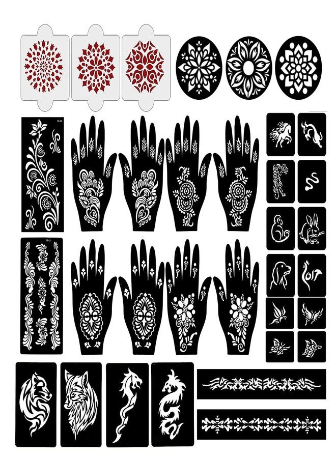 إيفاناز مجموعة إيفانا المكونة من 34 قطعة من قوالب الحناء القابلة لإعادة الاستخدام لليدين والمعصم والجسم والظهر والرقبة والوجه، عبوة كومبو من القوالب للنساء والفتيات والأطفال، سهلة الاستخدام في 4 خطوات فقط، مجموعة تصميم هندي، A2291 - Image 1