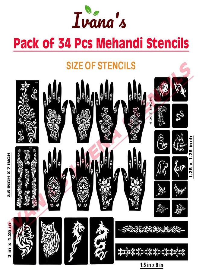 إيفاناز مجموعة إيفانا المكونة من 34 قطعة من قوالب الحناء القابلة لإعادة الاستخدام لليدين والمعصم والجسم والظهر والرقبة والوجه، عبوة كومبو من القوالب للنساء والفتيات والأطفال، سهلة الاستخدام في 4 خطوات فقط، مجموعة تصميم هندي، A2291 - Image 4