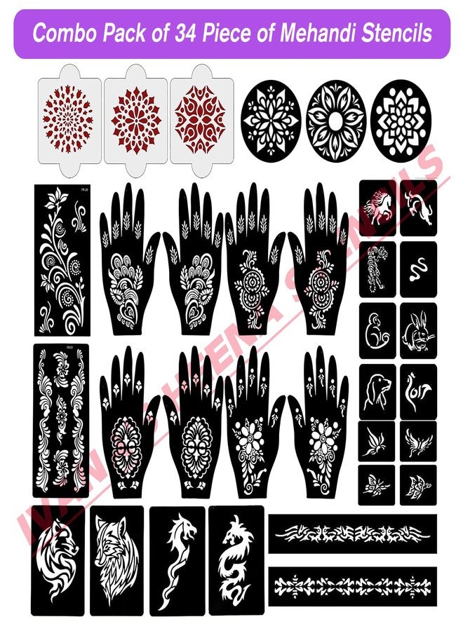إيفاناز مجموعة إيفانا المكونة من 34 قطعة من قوالب الحناء القابلة لإعادة الاستخدام لليدين والمعصم والجسم والظهر والرقبة والوجه، عبوة كومبو من القوالب للنساء والفتيات والأطفال، سهلة الاستخدام في 4 خطوات فقط، مجموعة تصميم هندي، A2291 - Image 2