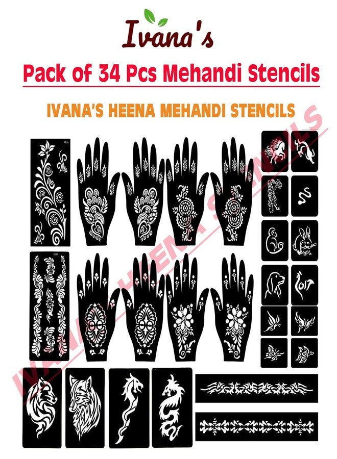 إيفاناز مجموعة إيفانا المكونة من 34 قطعة من قوالب الحناء القابلة لإعادة الاستخدام لليدين والمعصم والجسم والظهر والرقبة والوجه، عبوة كومبو من القوالب للنساء والفتيات والأطفال، سهلة الاستخدام في 4 خطوات فقط، مجموعة تصميم هندي، A2291 - Image 3