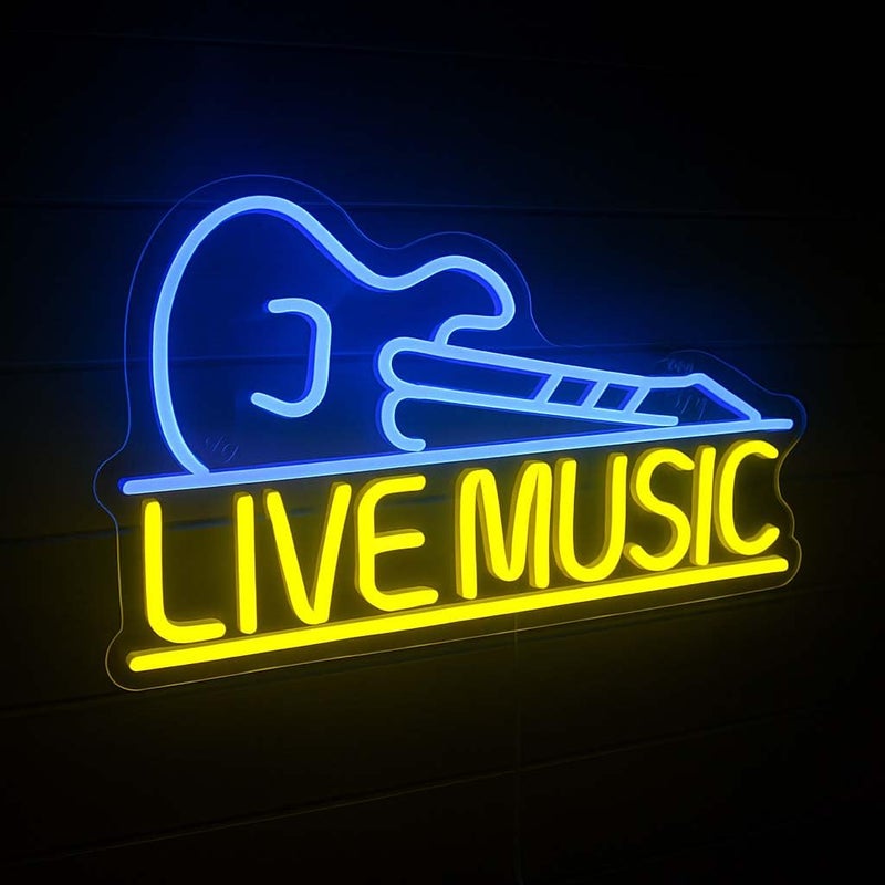 Horoof Home Live Music Neon LED Wall Light with Guitar Design - Blue and Yellow Acrylic Sign for Bar and Room Decor - Image 2