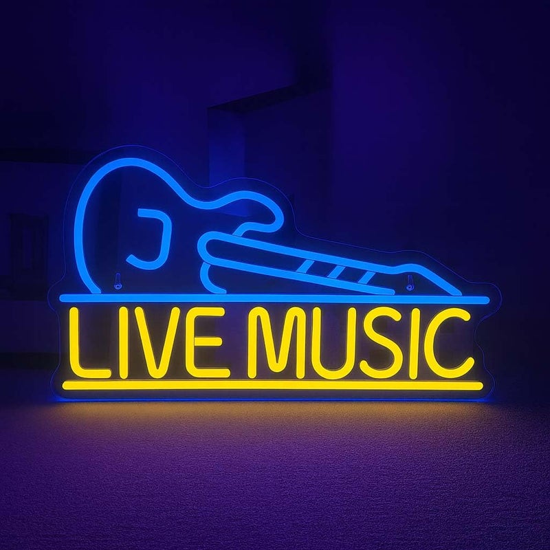 Horoof Home Live Music Neon LED Wall Light with Guitar Design - Blue and Yellow Acrylic Sign for Bar and Room Decor - Image 1