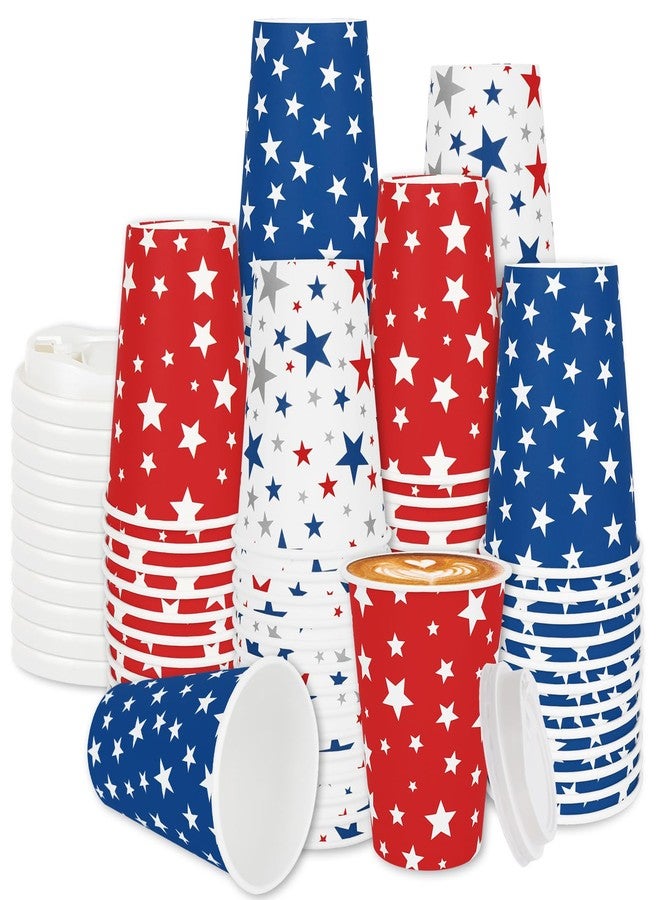 FYSUIMU 72 Set Patriotic Star Disposable Coffee Cups with Lids 12Oz 4th of July USA Star Insulated Paper To Go Cups for Independence Day Home Party Favors - Image 1