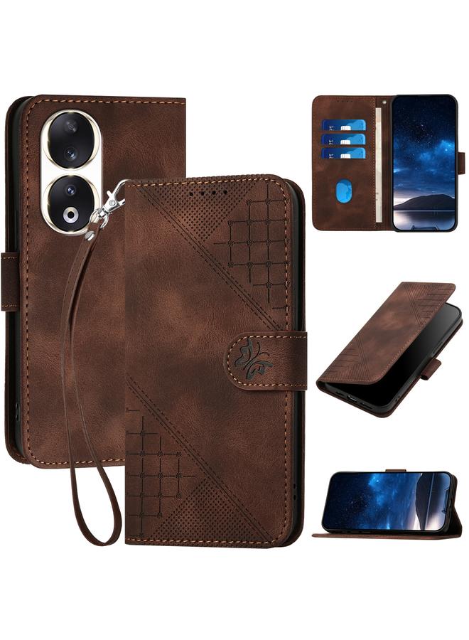 Green Tiger Case For Honor 90 Grid Butterfly Embossed Pattern Leather Phone Case with Lanyard - Image 1