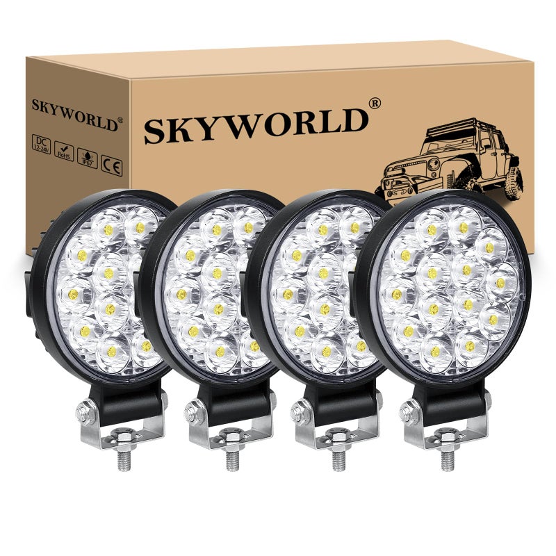 SKYWORLD 4pcs Round Light Bar Pods, 3.2 inch 42W Spot Beam Mini Offroad Driving Fog Lights Work Lamp 12V 24V for Car Trucks Tractors 4x4 SUV ATV Tractors Excavator Boats, 6000K White - Image 1
