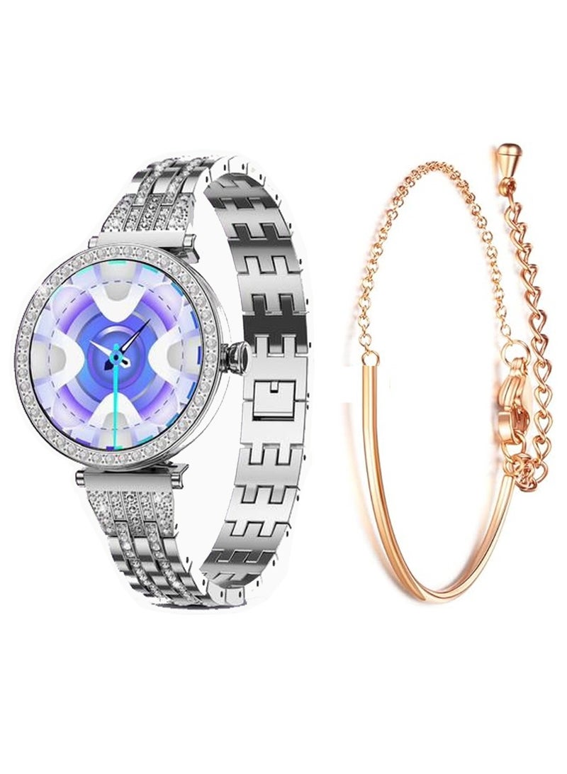 G-Tab Gtab GT10 Diamond Edition Ladies Smart Watch 1.2 Inch Round Shape AMOLED Display With Fashion Bracelet 2  Pair Straps and Wireless Charger Silver - Image 1