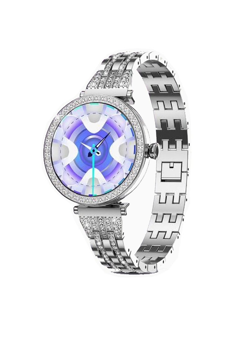 G-Tab Gtab GT10 Diamond Edition Ladies Smart Watch 1.2 Inch Round Shape AMOLED Display With Fashion Bracelet 2  Pair Straps and Wireless Charger Silver - Image 2