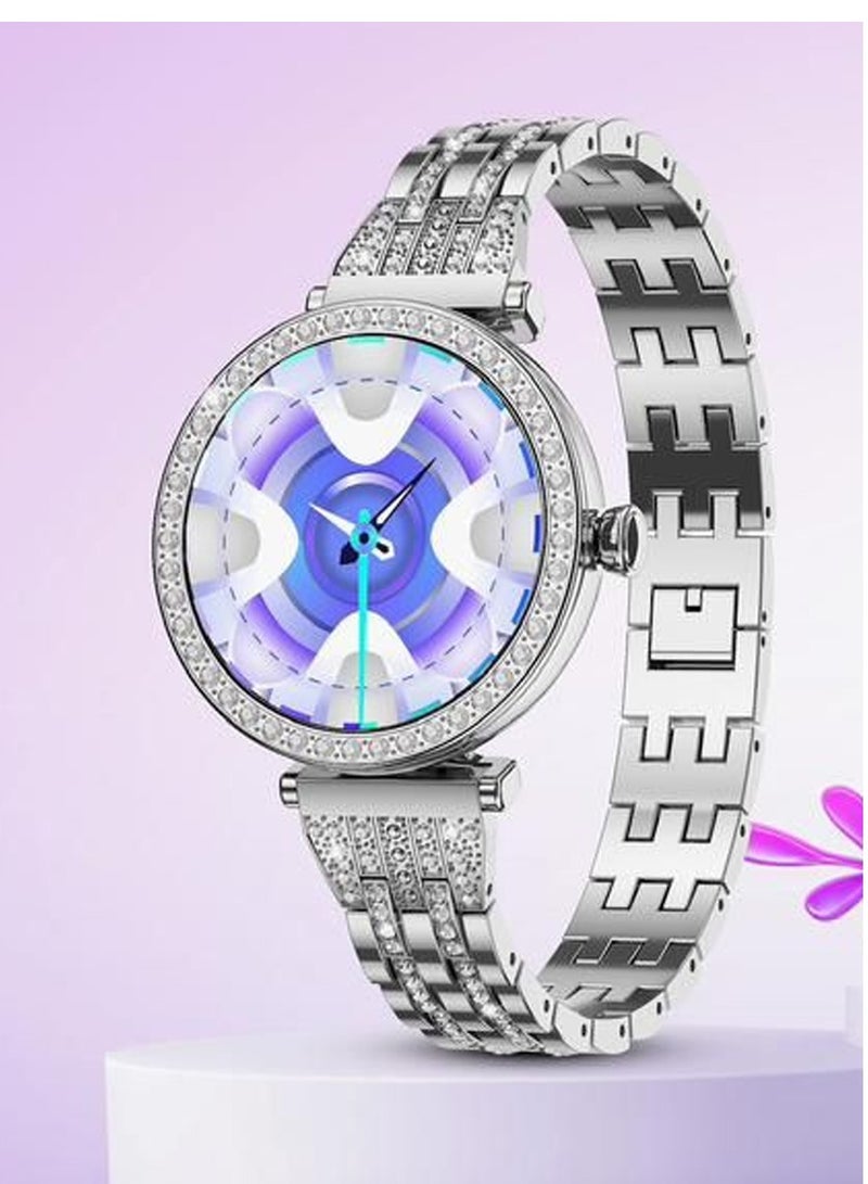 G-Tab Gtab GT10 Diamond Edition Ladies Smart Watch 1.2 Inch Round Shape AMOLED Display With Fashion Bracelet 2  Pair Straps and Wireless Charger Silver - Image 3