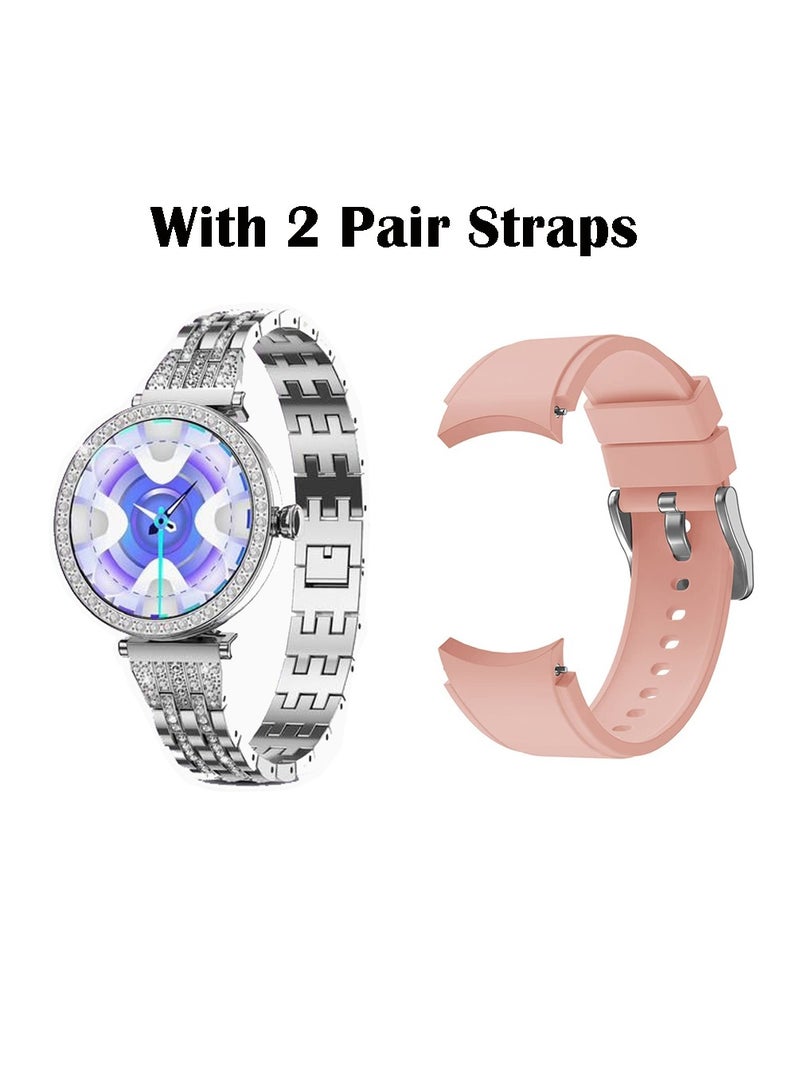 G-Tab Gtab GT10 Diamond Edition Ladies Smart Watch 1.2 Inch Round Shape AMOLED Display With Fashion Bracelet 2  Pair Straps and Wireless Charger Silver - Image 4