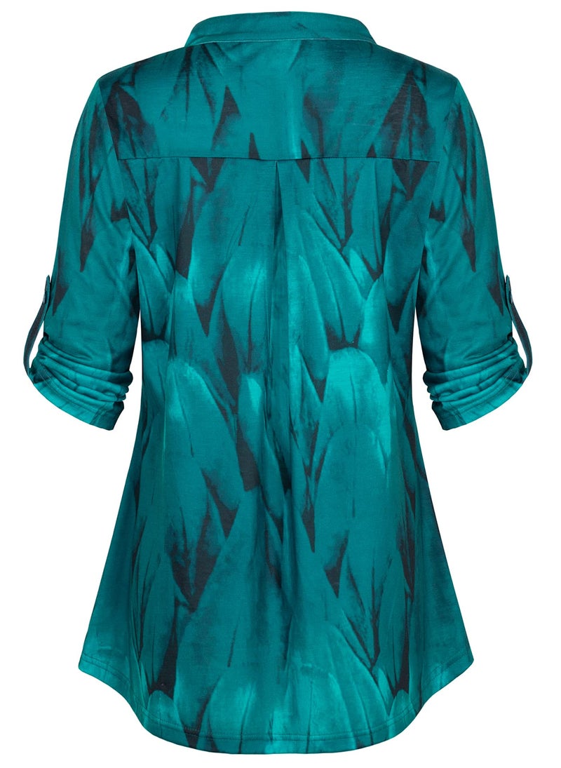 BEPEI Tunic Tops to Wear with Leggings,3/4 Sleeve Ladies Top and Blouse Womens Summer Top Soft Comfy Work Office Wear Floral Henley V Neck Stylish Elegant Party Flowy Long Shirts,Peacock Blue M - Image 3