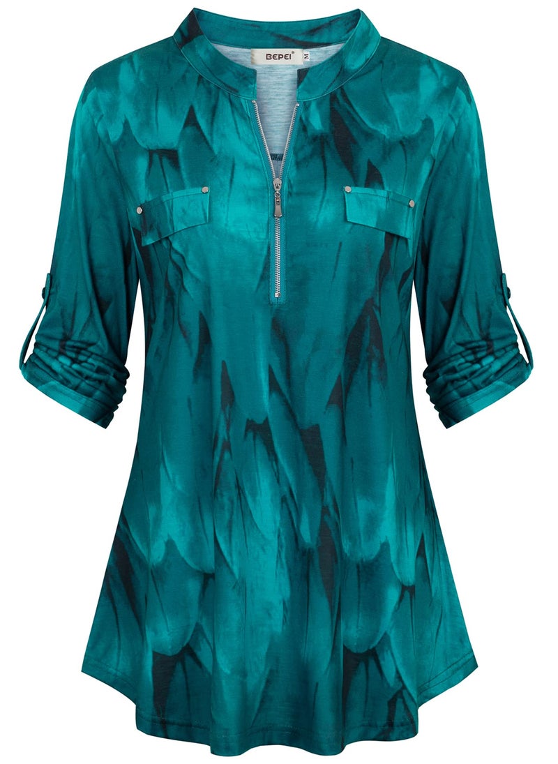 BEPEI Tunic Tops to Wear with Leggings,3/4 Sleeve Ladies Top and Blouse Womens Summer Top Soft Comfy Work Office Wear Floral Henley V Neck Stylish Elegant Party Flowy Long Shirts,Peacock Blue M - Image 1