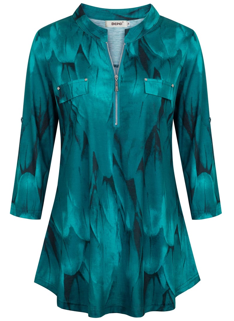 BEPEI Tunic Tops to Wear with Leggings,3/4 Sleeve Ladies Top and Blouse Womens Summer Top Soft Comfy Work Office Wear Floral Henley V Neck Stylish Elegant Party Flowy Long Shirts,Peacock Blue M - Image 2