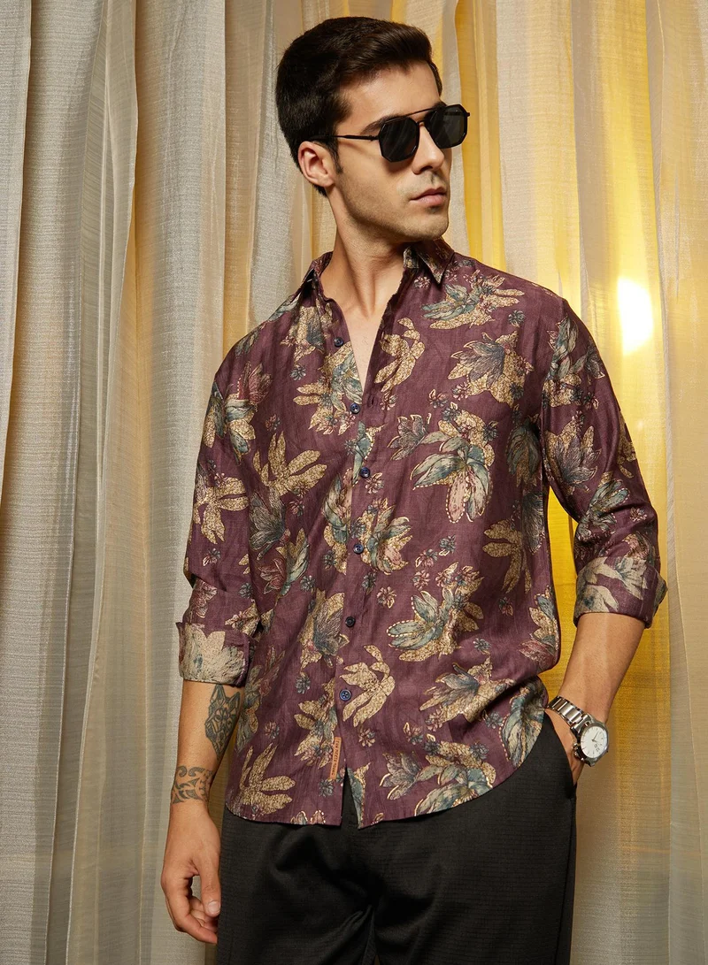 Campus Sutra Men's Plum Purple Withering-Bloom Shirt