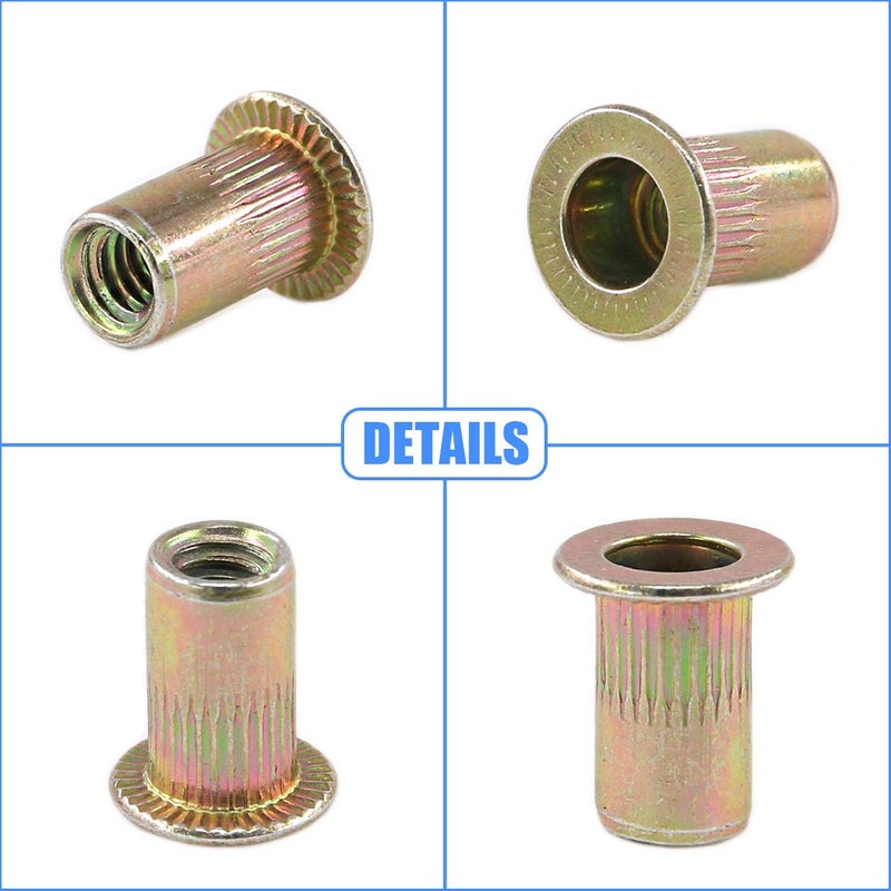 Glarks 100Pcs 8-32UNC Zinc Plated Carbon Steel Rivet Nut Flat Head Rivnut Threaded Insert Nuts Set (8-32UNC) - Image 5