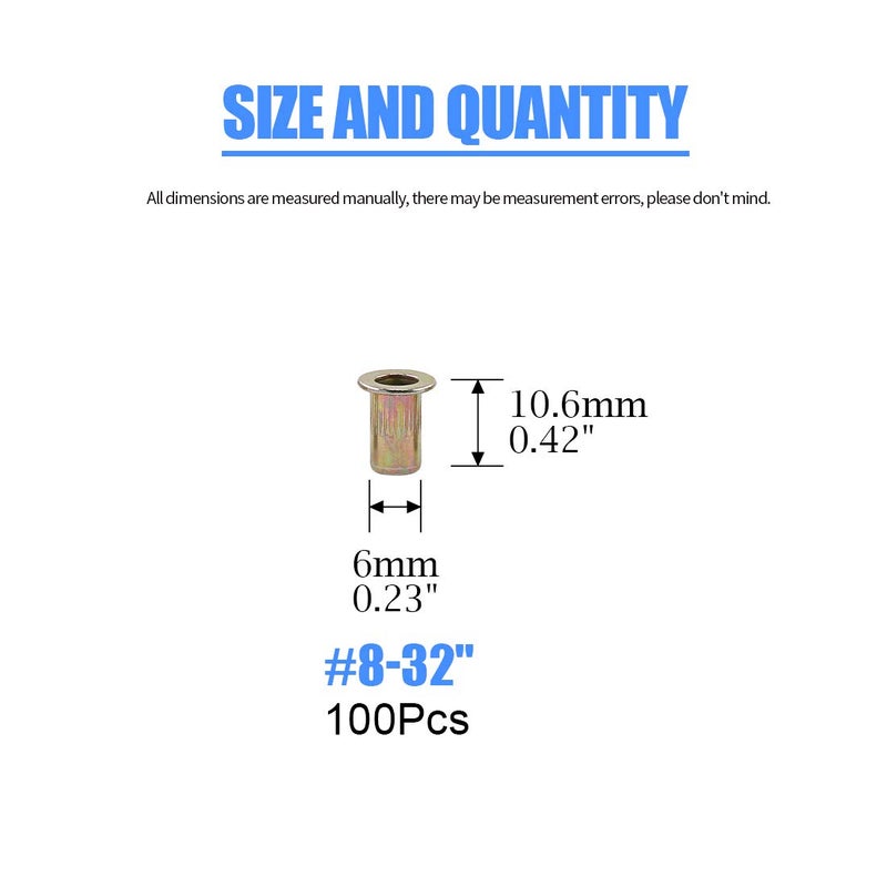 Glarks 100Pcs 8-32UNC Zinc Plated Carbon Steel Rivet Nut Flat Head Rivnut Threaded Insert Nuts Set (8-32UNC) - Image 2