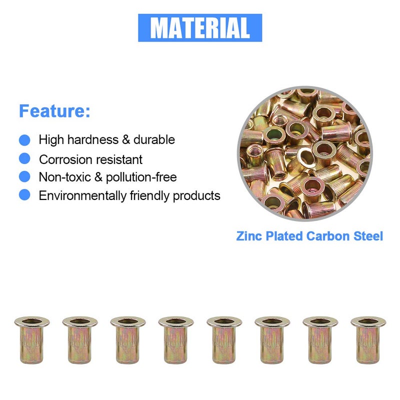 Glarks 100Pcs 8-32UNC Zinc Plated Carbon Steel Rivet Nut Flat Head Rivnut Threaded Insert Nuts Set (8-32UNC) - Image 4