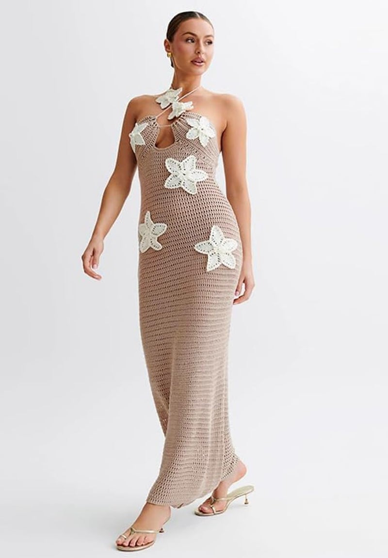 RanRui Women's Halter 3D Flower Knitted Hollow Out Beach Dress balckless Open Back Swimsuit Cover up Holiday Party Dress (US, Alpha, Small, Regular, Regular, Khaki) - Image 4