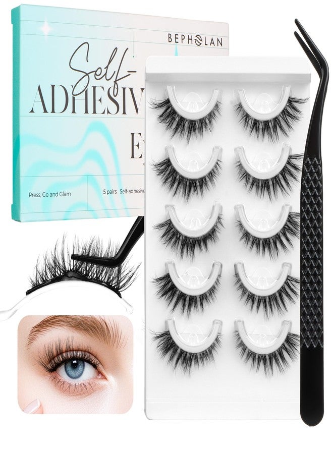 Bepholan Self Adhesive Eyelashes Natural Look, Pre Glued No Glue Need Eyelashes,Press On Lashes,Reuseable Waterproof False Eyelashes Wispy with Tweezer of Replacement Adhesive Strips 5 Pairs(CVJ221) - Image 1