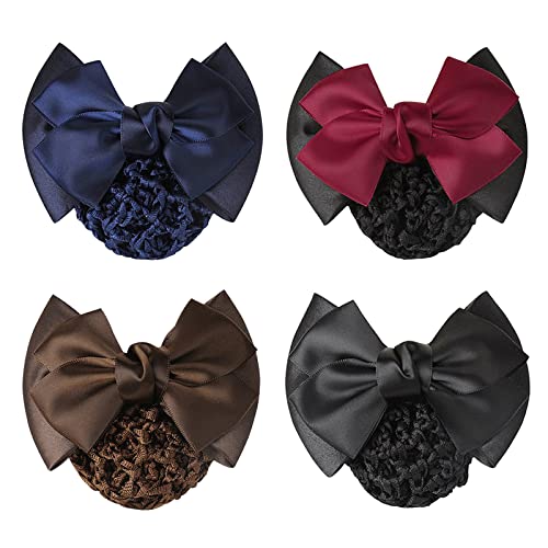 TXIN 4 Pieces Women Hair Snood Net Bowknot Decor Barrette Elastic Mesh Hair Bun Cover Satin Bow Crochet Hairnet Professional Hair Clip Hairpin for Women Girls Working Styling Accessories, 4 Colors - Image 1