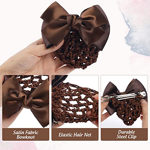 TXIN 4 Pieces Women Hair Snood Net Bowknot Decor Barrette Elastic Mesh Hair Bun Cover Satin Bow Crochet Hairnet Professional Hair Clip Hairpin for Women Girls Working Styling Accessories, 4 Colors - Image 3