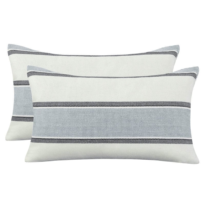 AmHoo Pack of 2 Farmhouse Linen Throw Pillow Cover Cushion Stripe Decoration Buffalo Retro Pillowcase with Hidden Zipper for Sofa Bedroom Car 12 x 20 Inch Light Grey Gray - Image 2