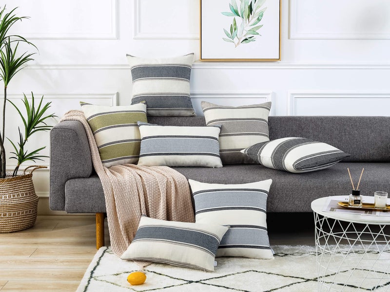 AmHoo Pack of 2 Farmhouse Linen Throw Pillow Cover Cushion Stripe Decoration Buffalo Retro Pillowcase with Hidden Zipper for Sofa Bedroom Car 12 x 20 Inch Light Grey Gray - Image 3