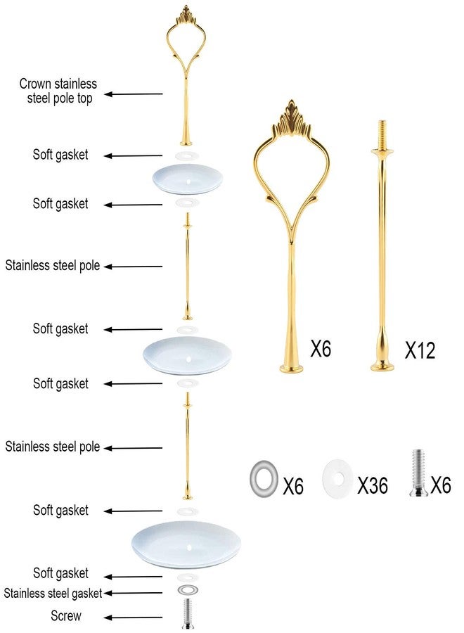 Moocci Golden Crown 3 Tier Cake Stand, 6 Sets Fittings for Tiered Tray, Wedding & Banquet Decoration - Image 4
