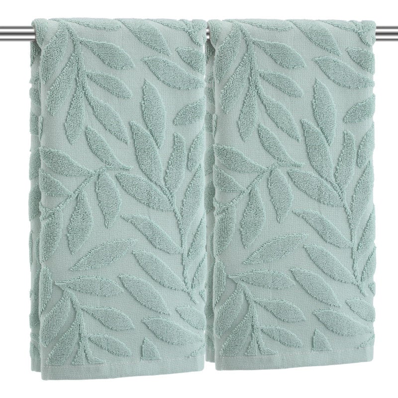 SmoothNovelty 2 Pcs Green Leaves Hand Towels for Bathroom Green Leaves 100% Cotton Jacquard Weave Bath Towel Set Soft Absorbent Dish Washcloth for Bathroom Kitchen Summer Theme Gifts 13.8 x 29.5 Inch - Image 1