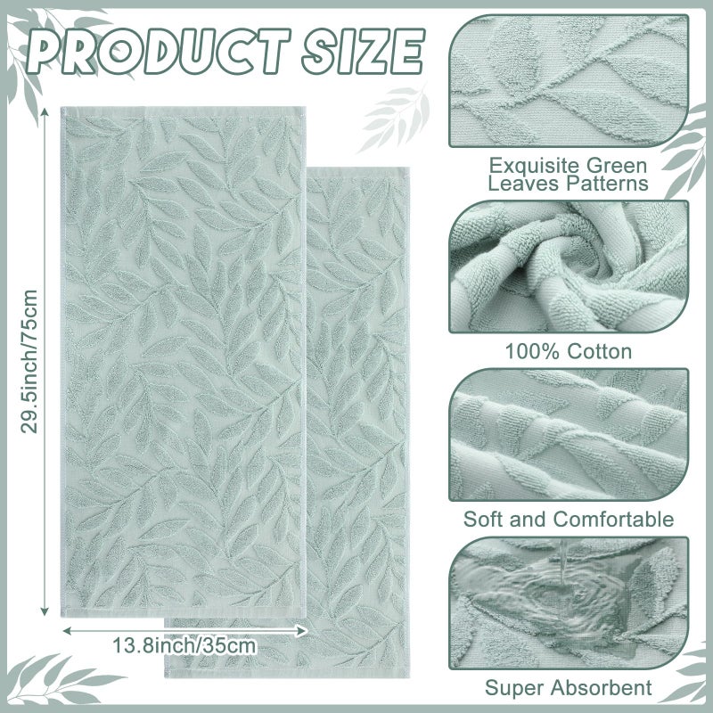 SmoothNovelty 2 Pcs Green Leaves Hand Towels for Bathroom Green Leaves 100% Cotton Jacquard Weave Bath Towel Set Soft Absorbent Dish Washcloth for Bathroom Kitchen Summer Theme Gifts 13.8 x 29.5 Inch - Image 2