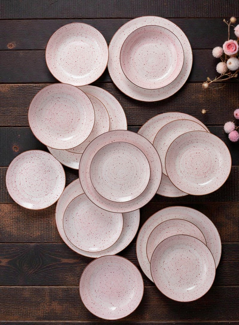 Noon East 18 piece Porcelain Dinnerware Set, Set for 6, Microwave & Dishwasher Safe, Pink Polka Dot Design - Image 3