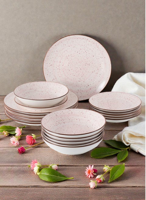 18 piece Porcelain Dinnerware Set, Set for 6, Microwave & Dishwasher Safe, Pink Polka Dot Design