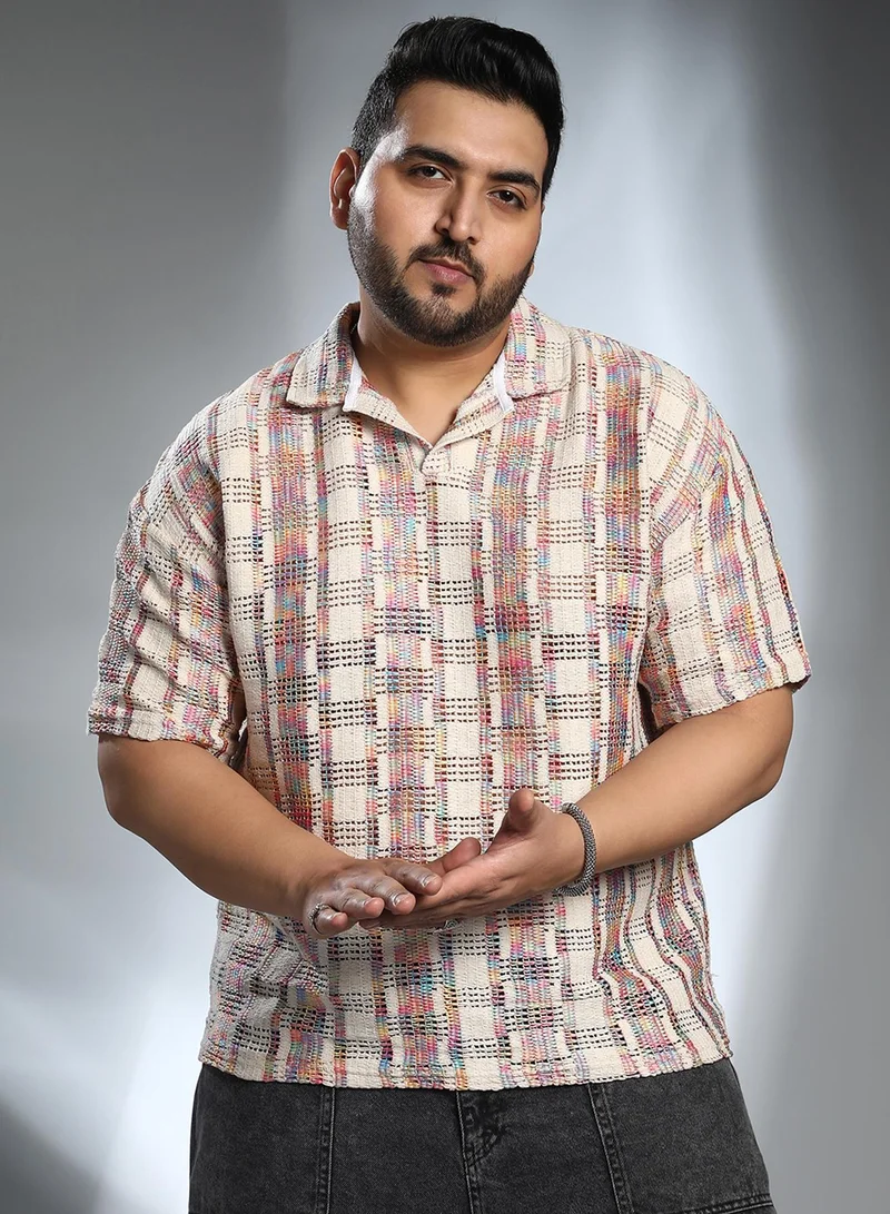 Instafab Plus Men's Off-White Prism Oversized Polo T-Shirt For Casual Wear | Polo Neck | Short Regular Sleeves | Pull On Closure | Plus Size T-Shirt Crafted With Comfort Fit For Everyday Wear