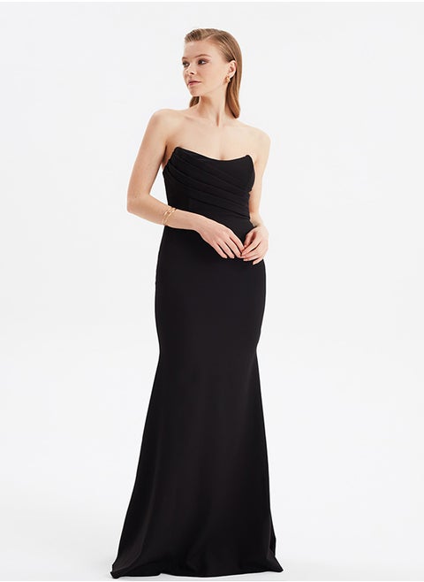 Black Collar Detailed Woven Long Evening Dress TPRSS21AE0121