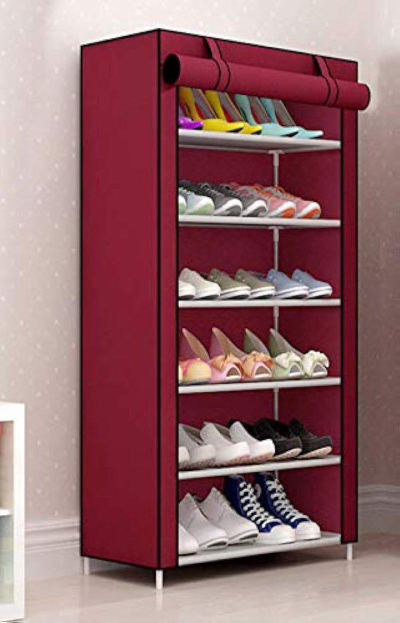 FLIPZON Premium 6-Tiers Shoe Rack/Multipurpose Storage Rack with Dustproof Cover (Iron Pipes, Non Woven Fabric, Plastic Connector) (Maroon) - Image 2