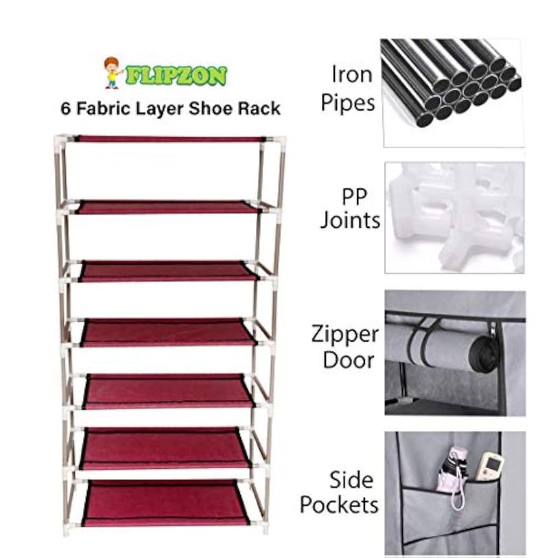 FLIPZON Premium 6-Tiers Shoe Rack/Multipurpose Storage Rack with Dustproof Cover (Iron Pipes, Non Woven Fabric, Plastic Connector) (Maroon) - Image 4