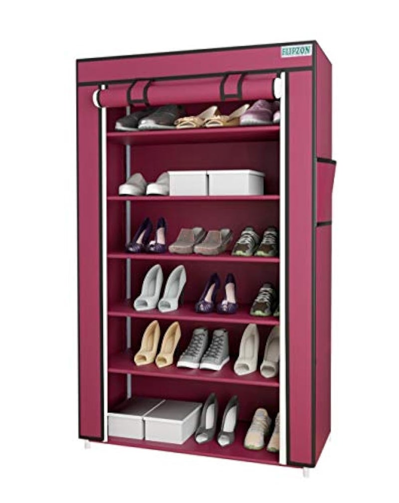 FLIPZON Premium 6-Tiers Shoe Rack/Multipurpose Storage Rack with Dustproof Cover (Iron Pipes, Non Woven Fabric, Plastic Connector) (Maroon) - Image 1