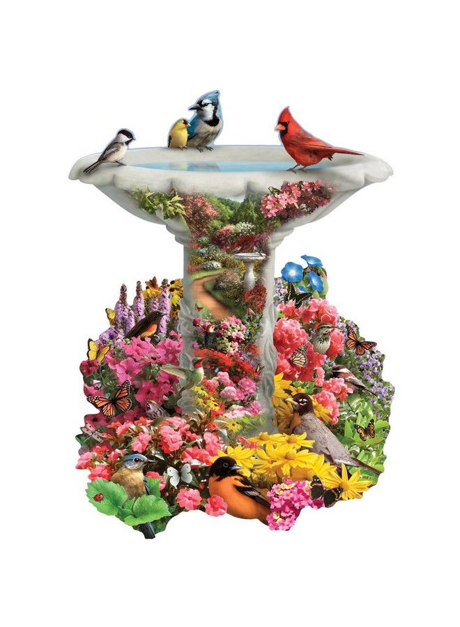Bits and Pieces 750 Piece Shaped Puzzle Garden Birdbath Busy Bird Fountain By Artist Alan Giana 750 Pc Jigsaw - Image 1