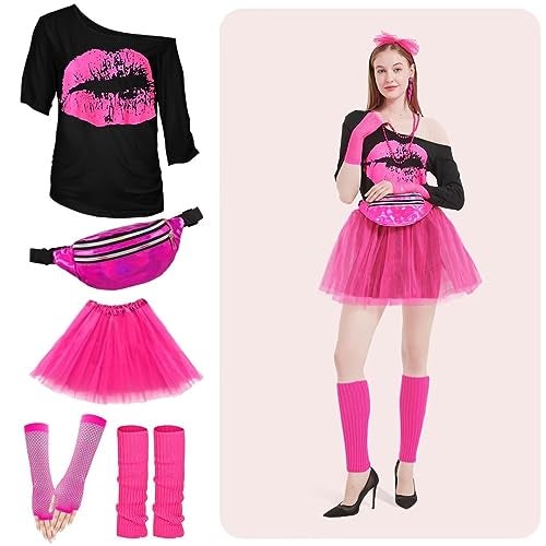 WILDPARTY 80s Costume Accessories for Women, T-Shirt Tutu Fanny Pack Headband Earring Necklace Fishnet Gloves Legwarmers 80s Party Halloween Outfit for Women 24PCS (Pink XXL) - Image 5